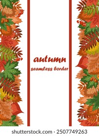 autumn seamless border, a lot of bright fallen leaves, acorns and rowan berries lie a vertically, on the right and on the left. colorful vector illustration on an autumn theme. isolated on white