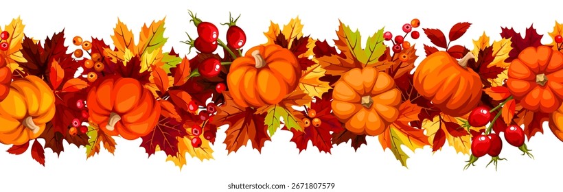Frontera de otoño sin fisuras con hojas de otoño marrones, rojas y naranjas, calabazas, bayas serranas y rosa mosqueta. Guirnalda de Vector sin costuras. Ilustración dibujada a mano, no IA