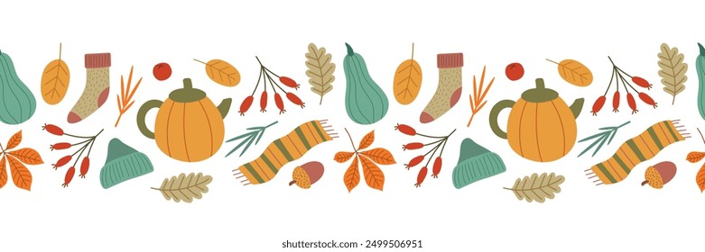 Autumn seamless border. Autumn clothes, teapot and leaves. Isolated vector illustration, hand drawing