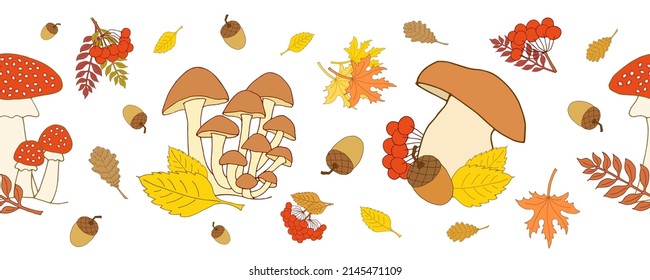 Autumn seamless border colorful mushrooms with red berries, acorns and fall leaves.
