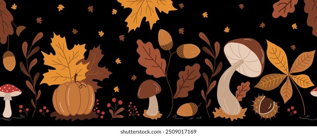 Autumn Seamless Border. Fall Background. Banner. Autumn Leaves, Mushrooms, Pumpkin, Berries, Acorns, Chestnut. Maple, Oak, Chestnut Leaves. Vector Illustration in Yellow, Brown, Orange on Black