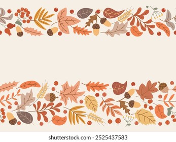 Autumn seamless border of falling leaves, acorns and berries. Horizontal template with copy space for brochure, advertisement, sale, flyer and other autumn seasonal design, vector graphic