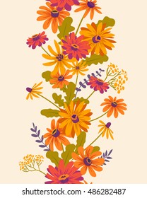 Autumn. seamless border with gerberas and herbs. vector floral background
