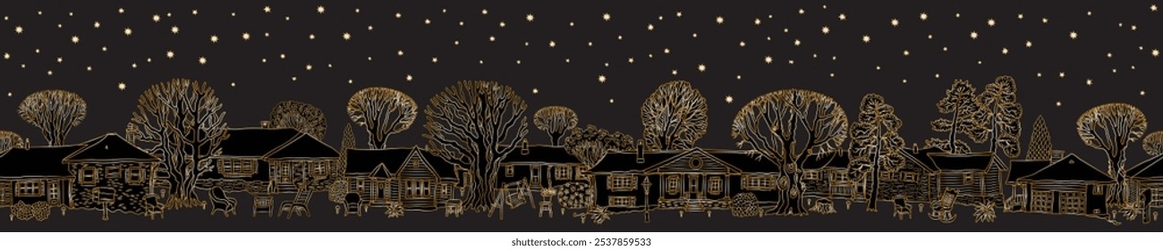Autumn seamless border pattern. Fairy tale houses street, trees, stars. Golden doodle on a black background