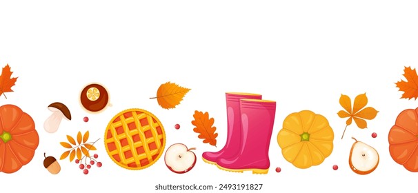 Borde sin costuras de otoño con calabaza, hojas, pastel, botas de goma. Fondo de Elementos de otoño.