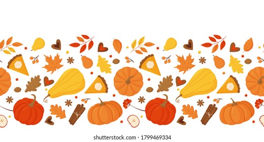 Autumn seamless border with pumpkins, apples, pears, autumn leaves, pumpkin pie, cookies on a white background.