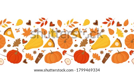 Autumn seamless border with pumpkins, apples, pears, autumn leaves, pumpkin pie, cookies on a white background.