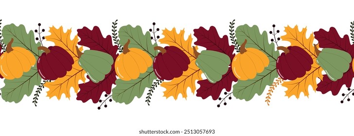 Frontera de otoño sin fisuras con calabazas y hojas de roble. Corona para fondo de encabezado de Sitio web. Ilustración vectorial	