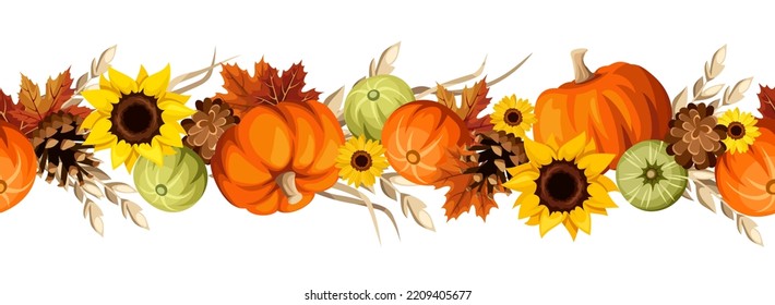 Autumn seamless border with pumpkins, sunflowers, ears of wheat, maple leaves, and pinecones. Thanksgiving decoration. Vector seamless garland