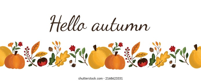 Frontera perfecta en otoño. Ilustración vectorial con texto Hola otoño.