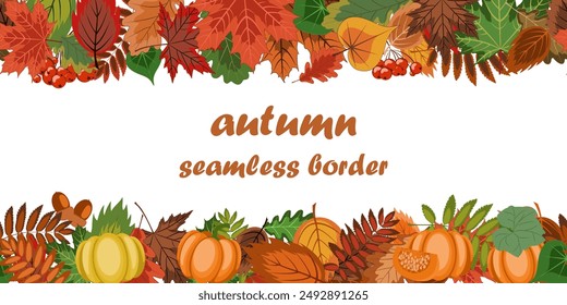 autumn seamless border. vector illustration of a variety of colorful fallen leaves, acorns, berries and ripe pumpkins arranged in a horizontal line. An autumn theme drawing