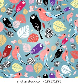 Autumn seamless bright pattern with birds and leaves on a blue background  