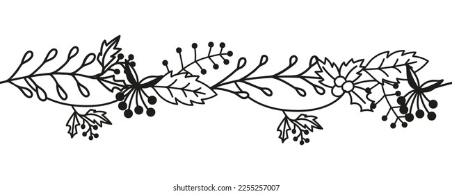 Autumn seamless brush with floral elements, leaves, flowers, twigs. Doodle vector illustration