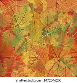 Autumn seamless card with maple leaves and spider web, vector illustration
