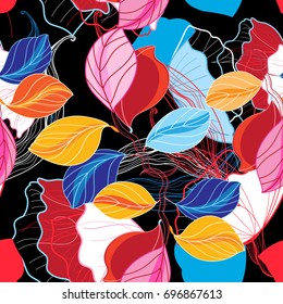 Autumn seamless color pattern from different leaves on a dark background