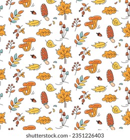 Autumn seamless colourful pattern with maple, oak, alder and rowan leaves, fly agaric, chanterelle and honey mushrooms. Fall season background