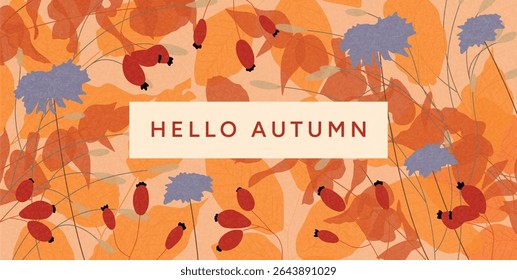 Autumn seamless composition with red rosehips, transparent orange leaves and purple blossoms. Decorative seasonal botanical pattern for greeting, card, banner, wallpaper, print. Vector illustration