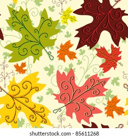 Autumn seamless decorative floral pattern with maple leaves (vector)