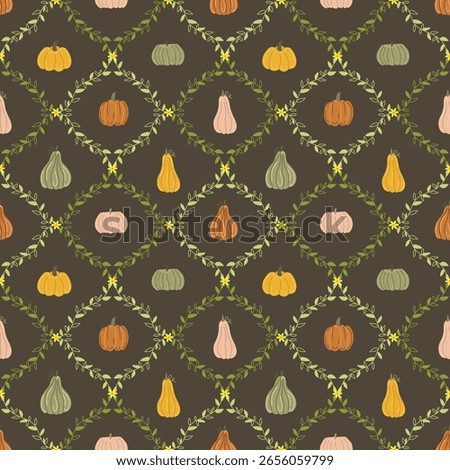 Autumn seamless diamond pattern with various pumpkins and gourd vegetables on a dark background. Fall harvest season design for fabric. Vector illustration