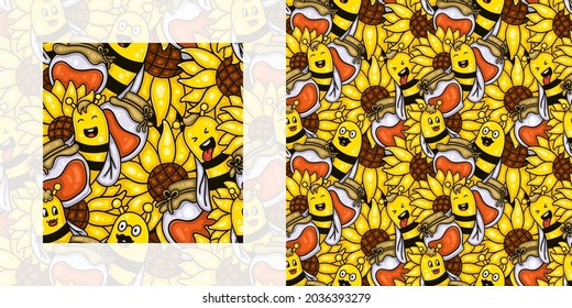 Autumn seamless doodle pattern of bees with sunflowers and honey pots | Pattern swatch included