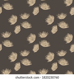 Autumn seamless doodle pattern with beige flower buds. Thorn botanic shapes on brown background. Great for wallpaper, textile, wrapping paper, fabric print. Vector illustration.