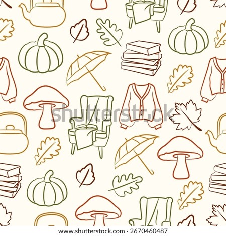 Autumn seamless doodle pattern. Cozy fall elements with pumpkin, mushroom, teapot, books, chair, sweater, umbrella, autumn leaves. Cute seasonal vector background for wrap, fabric, gift paper, textile