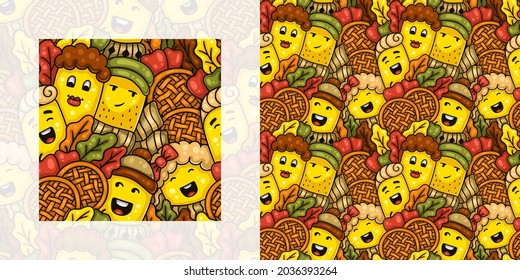Autumn seamless doodle pattern of kids and parents with apple pies | Pattern swatch included