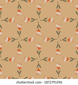 Autumn seamless doodle pattern with red colored flowers shapes. Beige background. Stock illustration. Vector design for textile, fabric, giftwrap, wallpapers.