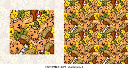 Autumn seamless doodle pattern of squirrels with acorns | Pattern swatch included