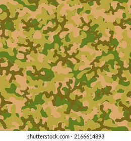 Nubes vectoriales sin costura de otoño. Diseño de vectores monocromos repetidos en el desierto. Patrón Seamless de la tela de camuflaje verde del camuflaje. Khaki Repetió El Fondo Gráfico De Moda. Camoflage
