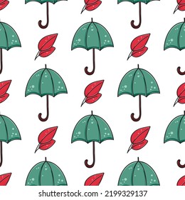 Autumn seamless fall pattern with umbrellas and leaves. Seasonal print for packaging, textile, paper, background and design vector illustration.Rainy weather composition digital paper