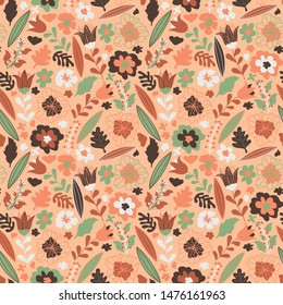 Autumn seamless floral pattern with flowers and leaves. Decorative hand drawn floral pattern. Print for fabric in boho style