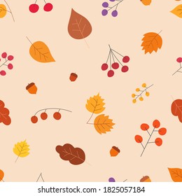 Autumn seamless hand drawn pattern with tree leaves, berries.Endless background with simple botanical shapes-acorns, currants, mountain ash, viburnum, oak, maple, linden, poplar.Vector illustration.
