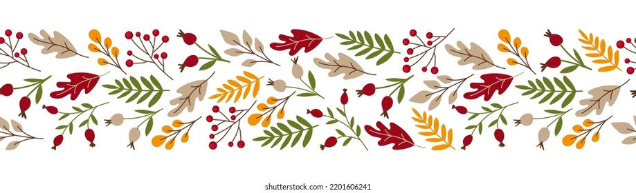 Herbst nahtlos handgemalt Banner. Herbstblätter und Beeren auf weißem Hintergrund. Kontinuierliche Endlosschleife. Horizontales Poster, Grußkarte, Website-Titel.