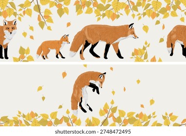Autumn seamless horizontal borders set with red fox walking and jumping in yellow birch leaves. Vector fall forest nature landscape with wild animals and foliage for banners.
