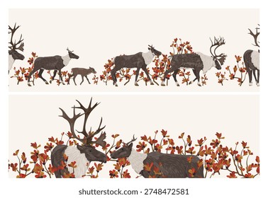 Autumn seamless horizontal borders set with reindeer caribou walking in red bearberry bushes. Vector fall tundra nature landscape with wild animals and arctostaphylos foliage.