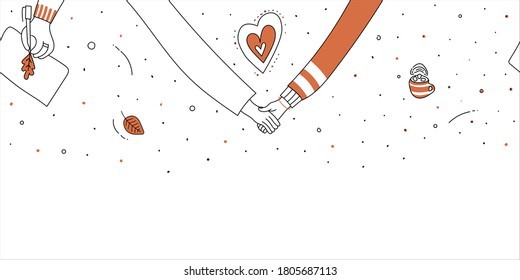 Autumn seamless horizontal romantic border.Male and female hand holding together,hearts, orange leaves, hand draws oak leaf on sheet, cup of coffee.Cute vector hand drawn illustration in doodle style