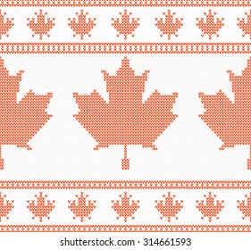 Autumn Seamless knitted texture with red maple leaf. Vector illustration. Christmas concept for banner, placard billboard or web site. New Year retro greeting card and background. Image for invitation