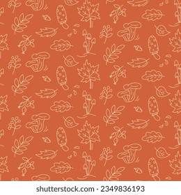 Autumn seamless line pattern with maple, oak, alder and rowan leaves, fly agaric and honey mushrooms on orange background. Fall season background