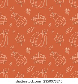 Autumn seamless line pattern with pumpkin, maple and oak leaves and basket of mushrooms on orange background. Harvest festival. Fall season background