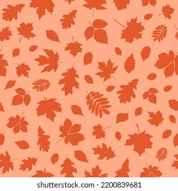 Autumn seamless monochrome pattern made up of many maple, chestnut, oak, birch and other leaves for printing on wrapper, package, cloth, textile or cards. Endless repeating texture for autumn holidays