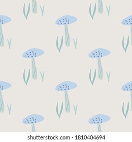 Autumn seamless mushroom pattern. Light grey background with blue fungus silhouettes. Creative print for wallpaper, textile, wrapping paper, fabric print. Vector illustration.