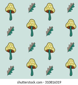 Autumn seamless mushrooms and leaves pattern. . Vector background. Hand drawn vector illustration. 