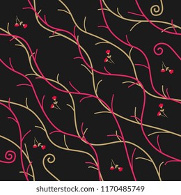 Autumn seamless natural pattern with abstract branches and little red flowers on dark brown background in vector. Print for fabric.