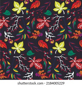 Autumn seamless natural pattern of exotic leaves. Vector floral background. Falling leaf seamless background with Oak. Maple, chestnut, linden, aspen walnut and rowan foliage in cartoon style.