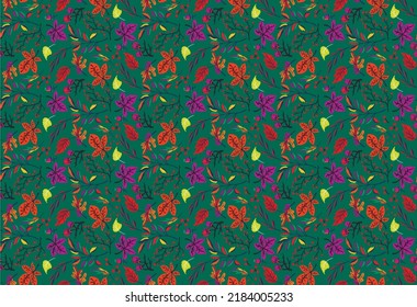 Autumn seamless natural pattern of exotic leaves. Vector floral background. Falling leaf seamless background with Oak. Maple, chestnut, linden, aspen walnut and rowan foliage in cartoon style.