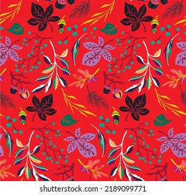 Patrón natural de hojas exóticas de otoño. Fondo vectorial floral. Caer en el fondo sin fisuras con roble. Maple, castaño, linden, nogal de álamos y follaje de rowan al estilo de las caricaturas.