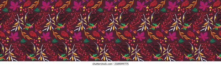 Herbst nahtlose natürliche Muster exotischer Blätter. Vektorfloraler Hintergrund. Fallende Blätter nahtloser Hintergrund mit Eiche. Ahorn, Kastanie, Leinen, Apfelwalnuss und Rouan-Blätter im Cartoon-Stil.