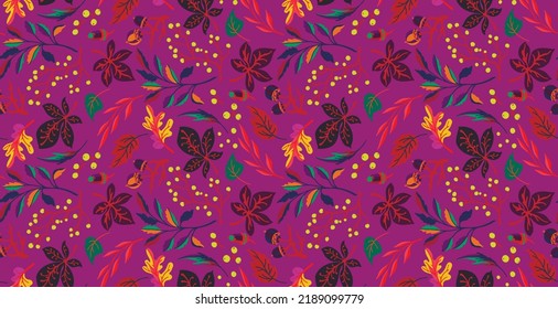Autumn seamless natural pattern of exotic leaves. Vector floral background. Falling leaf seamless background with Oak. Maple, chestnut, linden, aspen walnut and rowan foliage in cartoon style.