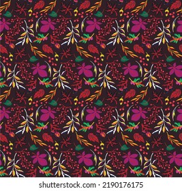 Autumn seamless natural pattern of exotic leaves. Vector floral background. Falling leaf seamless background with Oak. Maple, chestnut, linden, aspen walnut and rowan foliage in cartoon style.